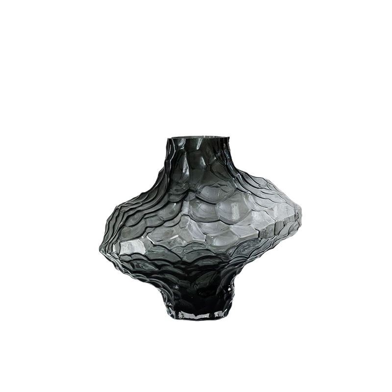 Mesa de jantar moderna e minimalista de vidro com vaso floral feito à mão